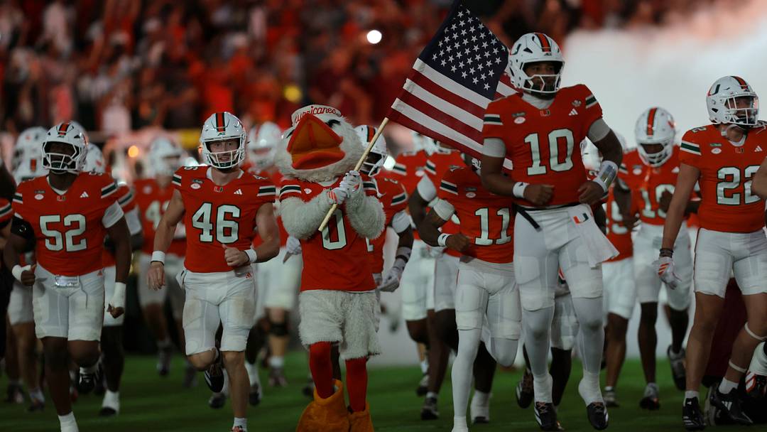 Oct 17, 2026; Miami Gardens, Florida, USA;  Miami Hurricanes take the field before a game against the Florida State Seminoles at Hard Rock Stadium.  Mandatory Credit: Sam Navarro-Imagn Images