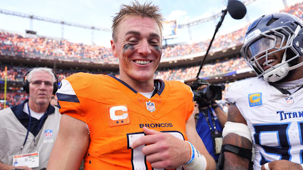 Denver Broncos quarterback Bo Nix (10) reacts after the game at Empower Field at Mile High. 