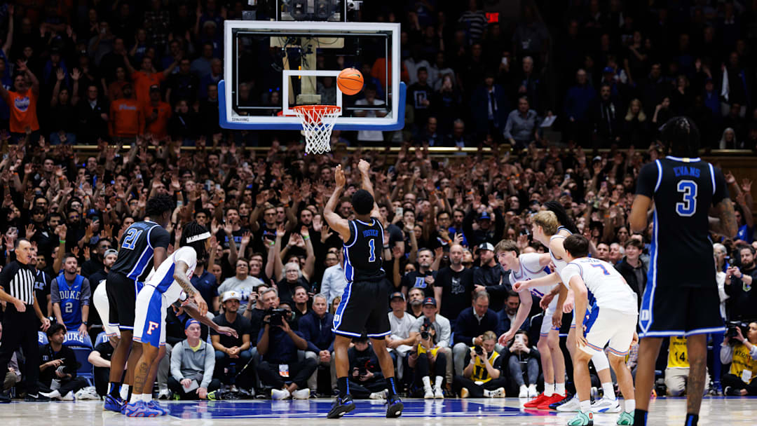 Duke Blue Devils guard Caleb Foster (1) shoots a free throw against the Florida Gators during the second half at Cameron Indoor Stadium in Durham, NC on Tuesday, December 2, 2025.