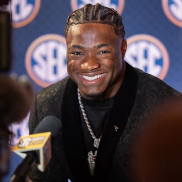 Jul 17, 2024; Dallas, TX, USA; Alabama quarterback Jalen Milroe speaking at Omni Dallas Hotel.