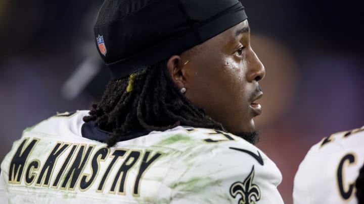 Aug 10, 2024; Glendale, Arizona, USA; New Orleans Saints  cornerback Kool-Aid McKinstry (34) against the Arizona Cardinals during a preseason NFL game at State Farm Stadium. Mandatory Credit: Mark J. Rebilas-USA TODAY Sports