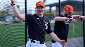 Detroit Tigers pitcher Tommy Kahnle works out during spring training at TigerTown in Lakeland, Fla. on Saturday, Feb. 15, 2025.
