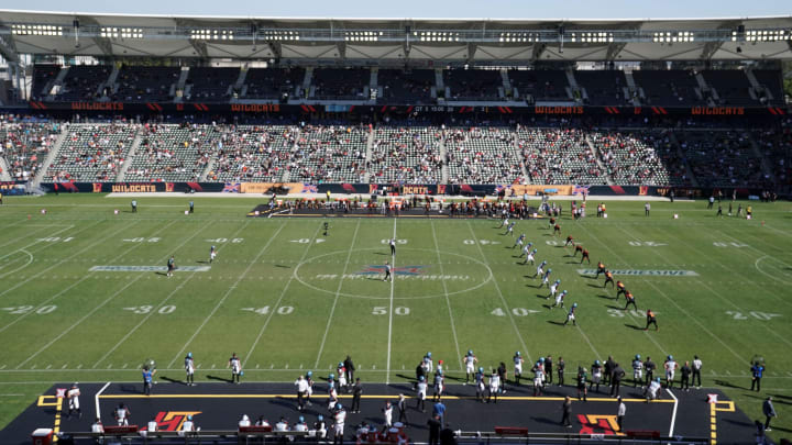 Feb 16, 2020; Carson, California, USA; General overall view of kickoff at the start of the second half of the XFL game between the LA Wildcats and the Dallas Renegades Dignity Health Sports Park. The Renegades defeated the Wildcats 25-18. Mandatory Credit: Kirby Lee-USA TODAY Sports