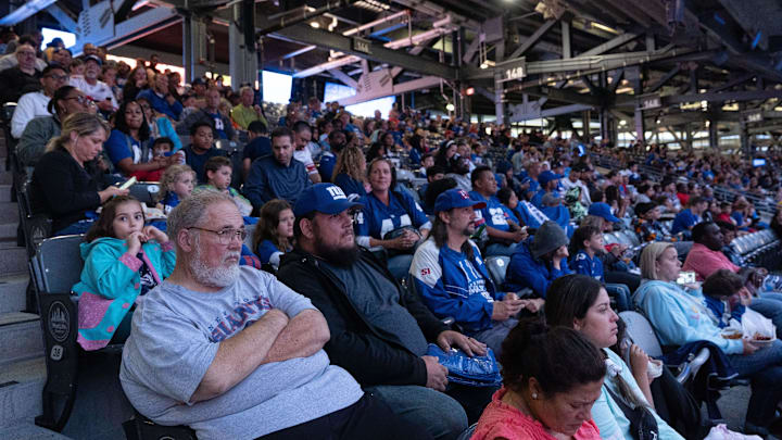 Fans sit in the stadium during New York Giants Fan Fest at MetLife Stadium in East Rutherford on Thursday, August 24, 2023.