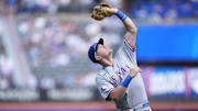 Texas Rangers third baseman Josh Jung (6) catches a fly ball hit by New York Mets left fielder Brandon Nimmo (not pictured) during the first inning at Citi Field. 