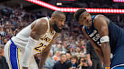 Apr 27, 2025; Minneapolis, Minnesota, USA; Minnesota Timberwolves guard Anthony Edwards (5) guards Los Angeles Lakers forward LeBron James (23) in the second quarter during game four of first round for the 2025 NBA Playoffs at Target Center. Mandatory Credit: Matt Blewett-Imagn Images