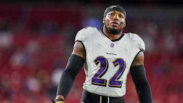 Oct 21, 2024; Tampa, Florida, USA; Baltimore Ravens running back Derrick Henry (22) warms up before a game against the Tampa Bay Buccaneers at Raymond James Stadium. Mandatory Credit: Nathan Ray Seebeck-Imagn Images