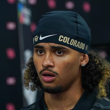 Jul 9, 2025; Frisco, TX, USA; Colorado quarterback Julian Lewis speaks with the media during 2025 Big 12 Football Media Days at The Star. 