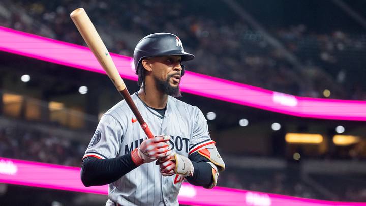 Jun 19, 2026; Phoenix, Arizona, USA; Minnesota Twins outfielder Byron Buxton against the Arizona Diamondbacks at Chase Field. Mandatory Credit: Mark J. Rebilas-Imagn Images