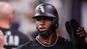 Aug 18, 2025; Atlanta, Georgia, USA; Chicago White Sox center fielder Luis Robert Jr. (88) celebrates with teammates after scoring a run against the Atlanta Braves in the eighth inning at Truist Park. Mandatory Credit: Brett Davis-Imagn Images
