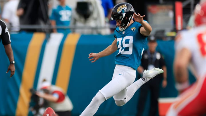 Jacksonville Jaguars place kicker Cam Little (39) kicks his first kickoff in the NFL.