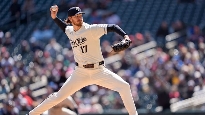 Apr 19, 2026; Minneapolis, Minnesota, USA; Minnesota Twins starting pitcher Bailey Ober (17) throws the first pitch of the game against Cincinnati Reds center fielder TJ Friedl (29) in the first inning at Target Field. Mandatory Credit: Matt Blewett-Imagn Images