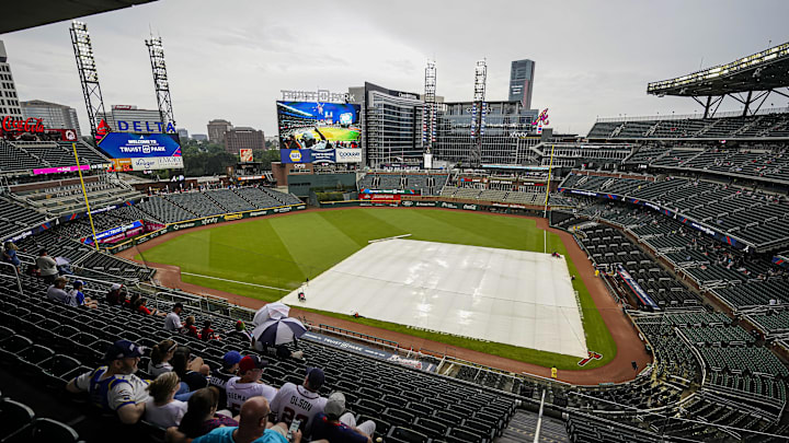 Jul 6, 2024; Cumberland, Georgia, USA; General views of a rain delay before the start of the game between the Philadelphia Phillies against the Atlanta Braves at Truist Park. Mandatory Credit: Dale Zanine-Imagn Images