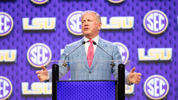 Jul 15, 2024; Dallas, TX, USA; LSU head coach Brian Kelly speaking at Omni Dallas Hotel. Mandatory Credit: Brett Patzke-USA TODAY Sports