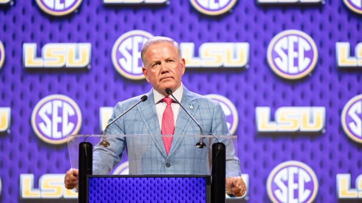 Jul 15, 2024; Dallas, TX, USA; LSU head coach Brian Kelly speaking at Omni Dallas Hotel. Mandatory Credit: Brett Patzke-USA TODAY Sports