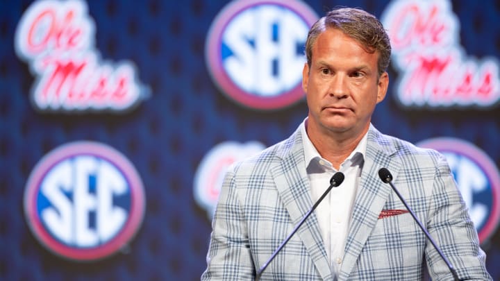 Jul 15, 2024; Dallas, TX, USA; Ole Miss head coach Lane Kiffin speaking at Omni Dallas Hotel. Mandatory Credit: Brett Patzke-USA TODAY Sports