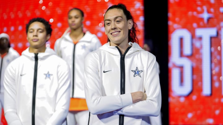 Breanna Stewart poses during player introductions prior to the 2023 WNBA All-Star Game at Michelob Ultra Arena.