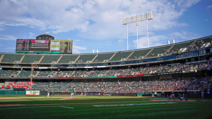 Jul 3, 2021; Oakland, California, USA;  General view of the field between the Oakland Athletics and the Boston Red Sox at RingCentral Coliseum. Mandatory Credit: Stan Szeto-USA TODAY Sports