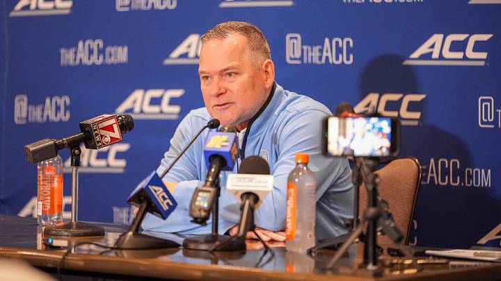 Oct 7, 2026; Charlotte, NC, USA;  UNC Tar Heels head coach Michael Malone answers questions from the media during the ACC Tip-Off in Charlotte, NC.  Mandatory Credit: Jim Dedmon-Imagn Images
