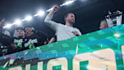 Dec 7, 2024; Indianapolis, IN, USA; Oregon Ducks head coach Dan Lanning celebrates defeating the Penn State Nittany Lions to win the Big Ten Championship in the 2024 Big Ten Championship game at Lucas Oil Stadium. Mandatory Credit: Robert Goddin-Imagn Images