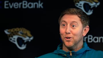 Jacksonville Jaguars head coach Liam Coen speaks during a press conference at Miller Electric Center Wednesday, April 9, 2025 in Jacksonville, Fla. [Corey Perrine/Florida Times-Union]