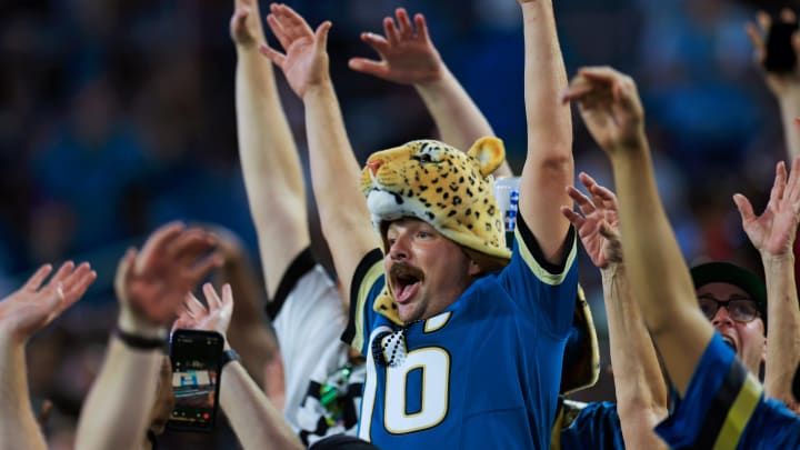 Jacksonville Jaguars fan Doug Speed does the wave with others during the third quarter of a preseason NFL football game Saturday, Aug. 17, 2024 at EverBank Stadium in Jacksonville, Fla. The Jacksonville Jaguars defeated the Tampa Bay Buccaneers 20-7. [Corey Perrine/Florida Times-Union]