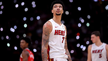 Dec 29, 2024; Houston, Texas, USA; Miami Heat center Kel'el Ware (7) against the Houston Rockets during the fourth quarter at Toyota Center. Mandatory Credit: Erik Williams-Imagn Images
