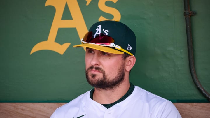 May 4, 2024; Oakland, California, USA; Oakland Athletics infielder J.D. Davis (5) before the game between the Oakland Athletics and the Miami Marlins at Oakland-Alameda County Coliseum. Mandatory Credit: Robert Edwards-USA TODAY Sports