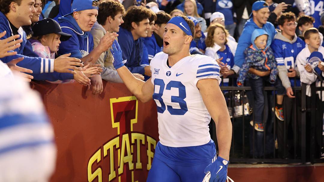 Oct 25, 2025; Ames, Iowa, USA;  BYU Cougars tight end Will Zundell (83) celebrates with fans after the Cougars beat the Iowa State Cyclones at Jack Trice Stadium. Mandatory Credit: Reese Strickland-Imagn Images