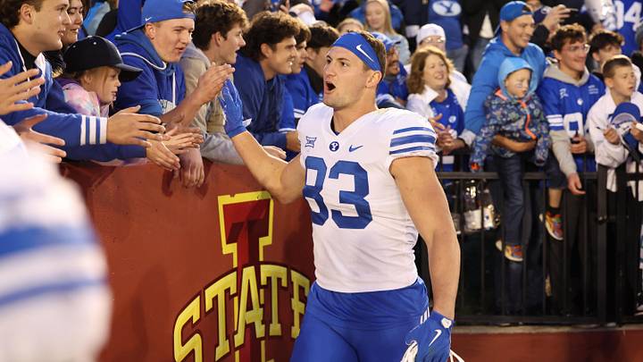 Oct 25, 2025; Ames, Iowa, USA;  BYU Cougars tight end Will Zundell (83) celebrates with fans after the Cougars beat the Iowa State Cyclones at Jack Trice Stadium. Mandatory Credit: Reese Strickland-Imagn Images