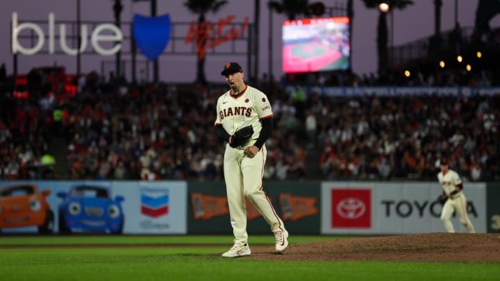 Aug 12, 2024; San Francisco, California, USA; San Francisco Giants pitcher Blake Snell (7) celebrates after striking out Atlanta Braves third base Austin Riley (27) during the sixth inning at Oracle Park. Mandatory Credit: Sergio Estrada-USA TODAY Sports