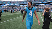 Oct 12, 2025; Charlotte, North Carolina, USA; Carolina Panthers wide receiver Tetairoa McMillan (4) looks on after the game against the Dallas Cowboys at Bank of America Stadium. Mandatory Credit: Scott Kinser-Imagn Images