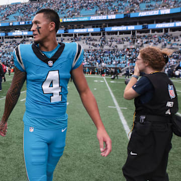 Oct 12, 2025; Charlotte, North Carolina, USA; Carolina Panthers wide receiver Tetairoa McMillan (4) looks on after the game against the Dallas Cowboys at Bank of America Stadium. Mandatory Credit: Scott Kinser-Imagn Images