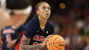 Mar 7, 2025; Greenville, SC, USA; Ole Miss Rebels guard Madison Scott (24) at the free throw line against the Texas Longhorns during the first half at Bon Secours Wellness Arena. Mandatory Credit: Jim Dedmon-Imagn Images