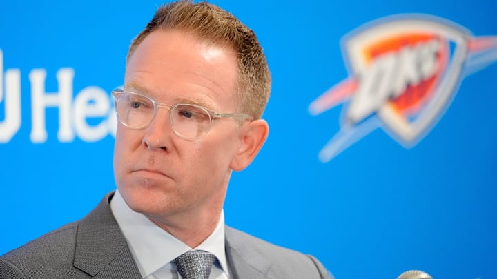 Thunder general manager Sam Presti speaks during an introductory press conference for the 2024 Thunder draft picks at Oklahoma Contemporary Arts Center in Oklahoma City, Saturday, June, 29, 2024.