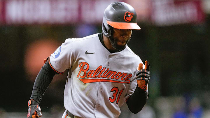 May 19, 2025; Milwaukee, Wisconsin, USA;  Baltimore Orioles center fielder Cedric Mullins (31) celebrates while rousing the bases after hitting a home run during the seventh inning against the Milwaukee Brewers at American Family Field.