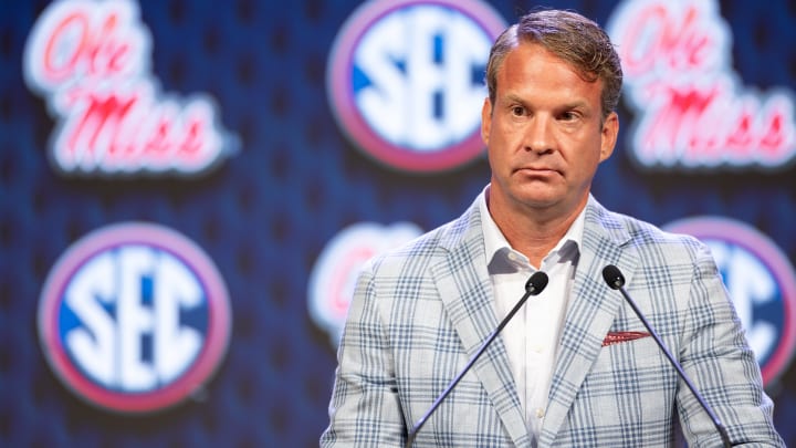 Jul 15, 2024; Dallas, TX, USA; Ole Miss head coach Lane Kiffin speaking at Omni Dallas Hotel. Mandatory Credit: Brett Patzke-USA TODAY Sports