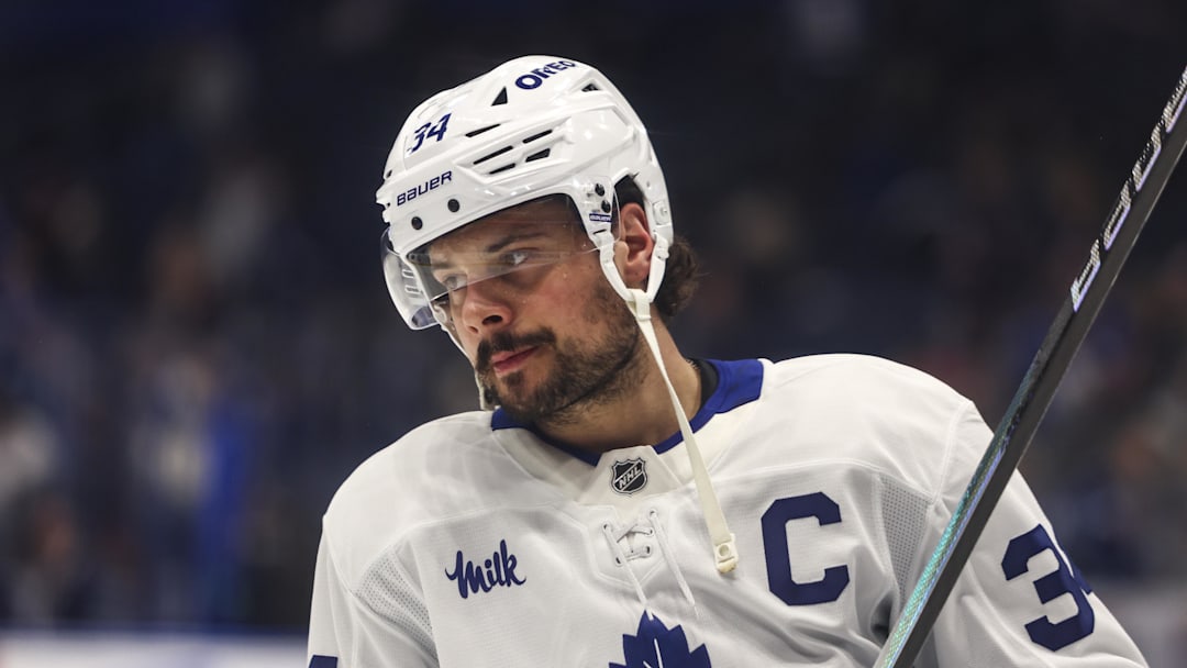 Feb 25, 2026; Tampa, Florida, USA; Toronto Maple Leafs forward Auston Matthews (34) during warm ups before the game against the Tampa Bay Lightning at Benchmark International Arena. Mandatory Credit: Morgan Tencza-Imagn Images
