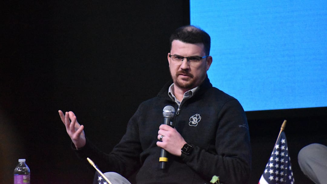 Travis Johansen speaks at a Sioux Falls Rotary meeting on Monday, April 7, 2025.