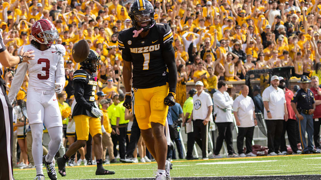 Oct 11, 2025; Columbia, MO; USA; Missouri Tigers wide receiver Donovan Olugbode celebrates a catch against the Alabama Crimson Tide 