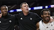 Nov 18, 2025; College Station, Texas, USA; Texas A&M Aggies head coach Bucky McMillan celebrates the win over  Montana Grizzlies at Reed Arena. Mandatory Credit: Maria Lysaker-Imagn Images 