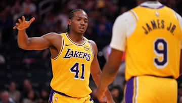 Oct 18, 2024; San Francisco, California, USA; Los Angeles Lakers guard Quincy Olivari (41) gives a high five to guard Bronny James (9) after a play against the Golden State Warriors in the third quarter at the Chase Center. Mandatory Credit: Cary Edmondson-Imagn Images