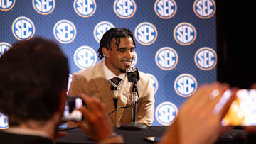 Jul 18, 2024; Dallas, TX, USA; Texas A&M linebacker Taurean York speaks to the media at Omni Dallas Hotel. Mandatory Credit: Brett Patzke-Imagn Images