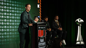 Jul 22, 2025; Charlotte, NC, USA; Miami quarterback Carson Beck answers questions from the media during ACC Media Days at Hilton Charlotte Uptown. Mandatory Credit: Jim Dedmon-Imagn Images
