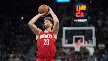 Nov 7, 2025; San Antonio, Texas, USA; Houston Rockets center Alperen Sengun (28) shoots during the first quarter against the San Antonio Spurs at Frost Bank Center. Mandatory Credit: Dustin Safranek-Imagn Images