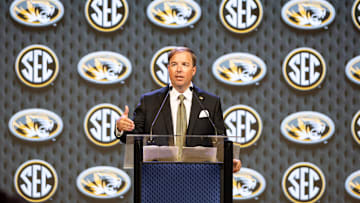 Jul 16, 2024; Dallas, TX, USA; Missouri head coach Eliah Drinkwitz speaking at Omni Dallas Hotel. Mandatory Credit: Brett Patzke-Imagn Images
