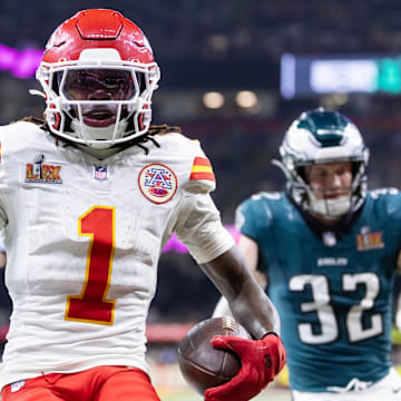 Feb 9, 2025; New Orleans, LA, USA;  Kansas City Chiefs wide receiver Xavier Worthy (1) against the Philadelphia Eagles in Super Bowl LIX at Ceasars Superdome. Mandatory Credit: Mark J. Rebilas-Imagn Images