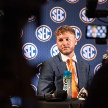 Jul 17, 2024; Dallas, TX, USA; Texas quarterback Quinn Ewers speaking at Omni Dallas Hotel. Mandatory Credit: Brett Patzke-USA TODAY Sports