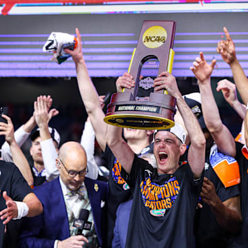 Head coach Todd Golden celebrates after leading the Florida Gators to a national championship in his third season as the head coach.