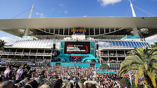 May 5, 2024; Miami Gardens, Florida, USA; F1 fans react during the Miami Grand Prix at Miami International Autodrome. Mandatory Credit: John David Mercer-Imagn Images